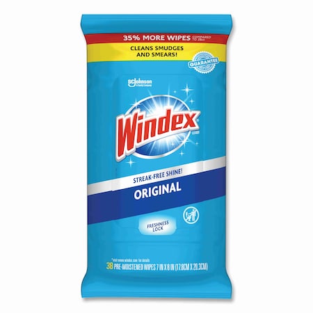 Windex Glass and Surface Wet Wipe, Cloth, 7 x 8, Unscented, White, 38/Pack 00019800002961